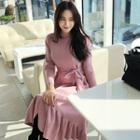 Crew-neck Ruffle-hem Dress With Sash Pink - One Size