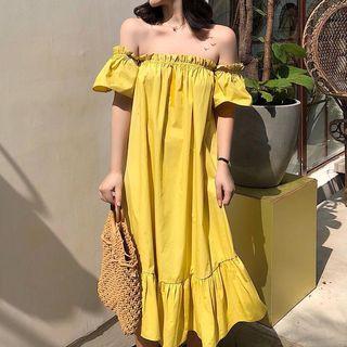 Plain Off-shoulder Flared Short-sleeve Dress