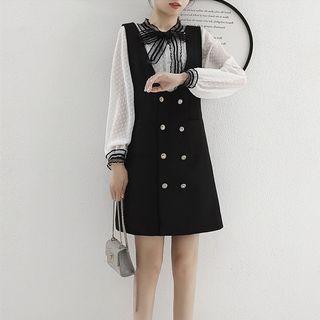 Set: Sleeveless A-line Dress + Bow Neck Blouse