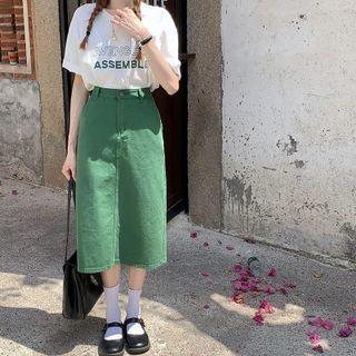 Short-sleeve Lettering Print / High Waist Denim Skirts