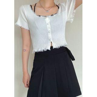 Lace-trim Rib-knit Crop Cardigan