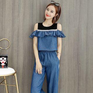 Set: Cold Shoulder Ruffle Denim Top + Wide-leg Pants