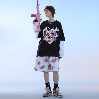 Mock Two-piece Long-sleeve Lettering Heart Print T-shirt