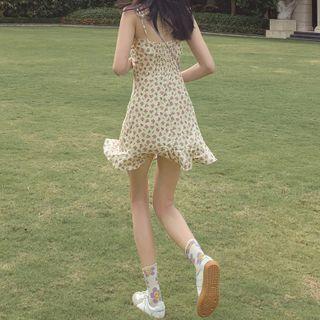 Ruffle Floral Lace-up Sleeveless Dress