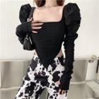 Puff-sleeve Crop Top / Print Straight Leg Pants