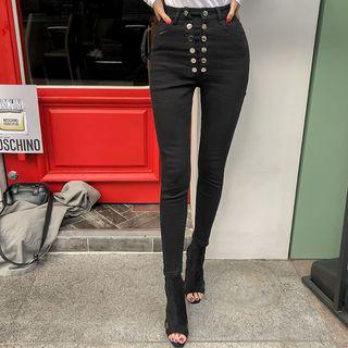 Metallic Button-fly Skinny Pants
