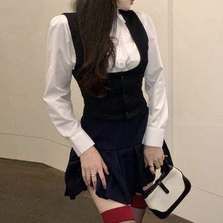 Set: Vest + Plain Shirt + Pleated Skirt