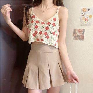Checkered Crochet Knit Camisole Top White - One Size