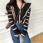 Flower Print V-neck Loose-fit Sweater As Figure - One Size
