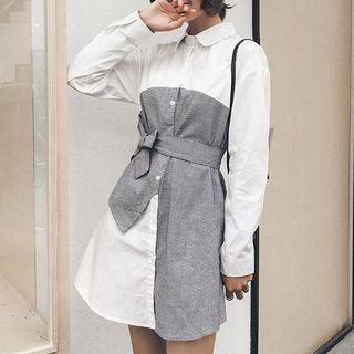 Long-sleeve Plaid Panel Mini Shirt Dress