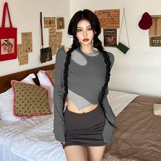 Set: Asymmetrical Crop Tank Top + Long-sleeve Cutout Top