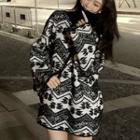 Long-sleeve Pattern Printed Knit Top Black - One Size