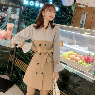 Long-sleeve Striped Paneled Double Breasted A-line Mini Dress
