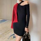 Long-sleeve Cold Shoulder Knit Mini Sheath Dress Dz101 - Black - One Size