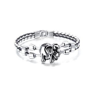 Simple Personality Elephant Black And White Double Leather Bracelet Silver - One Size