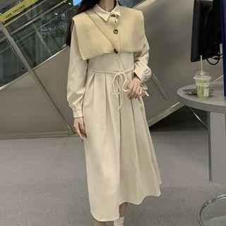Mock Two-piece Tie-front Midi Shirtdress
