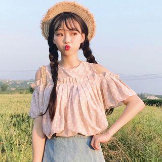 Cold Shoulder Frilled Short-sleeve Dotted Top