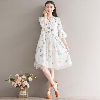 Print Elbow-sleeve Mesh Dress