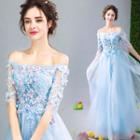 Elbow-sleeve Off Shoulder Floral A-line Evening Gown