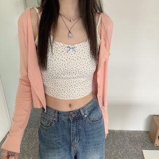 Floral Print Cropped Camisole Top / Long-sleeve Plain Cardigan Top