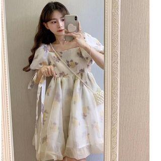 Puff-sleeve Off-shoulder Floral A-line Dress Yellow Flower - White - One Size