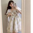 Puff-sleeve Off-shoulder Floral A-line Dress Yellow Flower - White - One Size