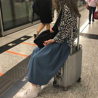 Long-sleeve Leopard Print Shirt / A-line Midi Skirt