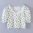 Short-sleeve Floral Print Knit Top White - One Size