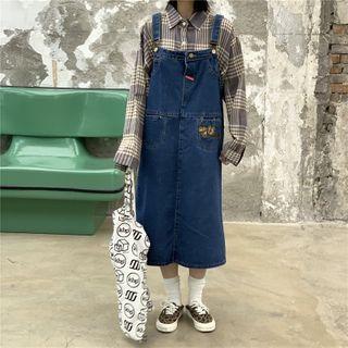 Embroidered Denim Midi A-line Pinafore Dress