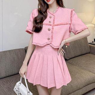 Set: Short-sleeve Ruffle Trim Blazer + Pleated A-line Skirt