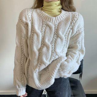 High-neck Long-sleeve Knit / Long-sleeve Linen Flower Chunky Knit Jacket