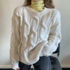 High-neck Long-sleeve Knit / Long-sleeve Linen Flower Chunky Knit Jacket