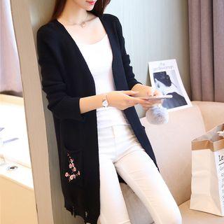 Distressed Embroidery Long Cardigan