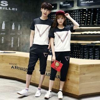 Couple Matching Set: Chevron Colour Block Short-sleeve T-shirt + Pedal Sweatpants