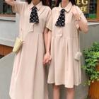 Elbow-sleeve Buttoned A-line Dress / Short-sleeve Midi Dress