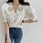 Short-sleeve Flower Embroidered Lace Trim Blouse White - One Size