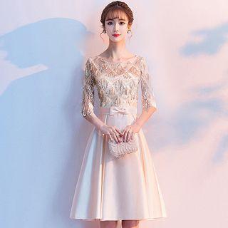 Elbow-sleeve Sequined A-line Cocktail Dress
