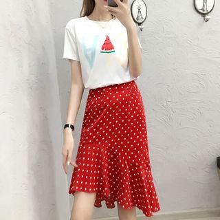 Set: Print Short-sleeve T-shirt + Dotted Midi Skirt