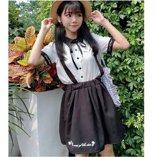 Set : Embroidered Short-sleeve Blouse + Suspender Shorts
