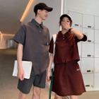 Couple Matching Elbow-sleeve Placket Top / Shorts / A-line Mini Skirt / Set