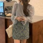 Panel Mesh Long-sleeve Shirt / High-waist Floral Mini Skirt