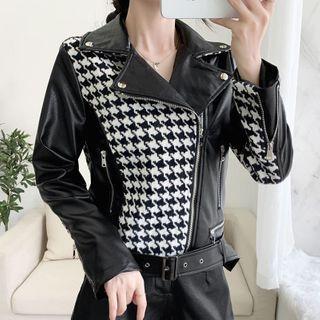 Houndstooth Panel Faux Leather Zip-up Biker Jacket