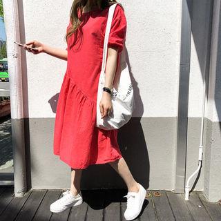 Puff-sleeve Ruffled Linen Blend Midi Dress
