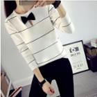 Bow Accent Striped Long Sleeve Knit Top
