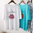 Elbow-sleeve Lip Print T-shirt