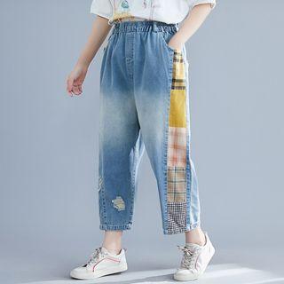 Plaid-panel Wide-leg Jeans As Shown In Figure - One Size