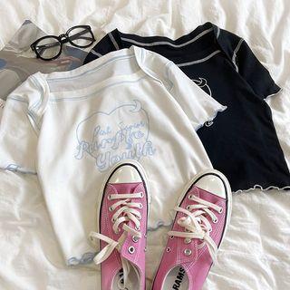 Short-sleeve Square-neck Print Ruffle Trim Top