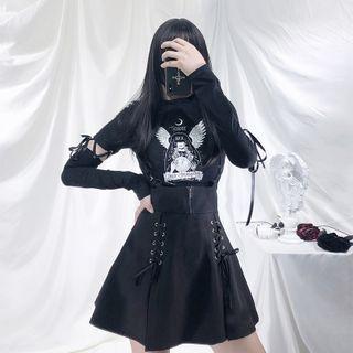 Printed Lace Up Long-sleeve T-shirt