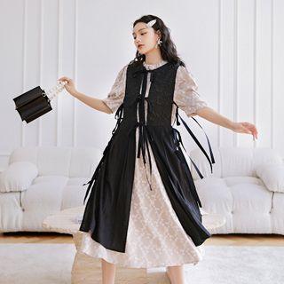 Set: Elbow-sleeve Midi A-line Dress + Lace-up Slit Midi A-line Overall Dress