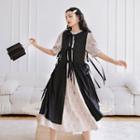 Set: Elbow-sleeve Midi A-line Dress + Lace-up Slit Midi A-line Overall Dress